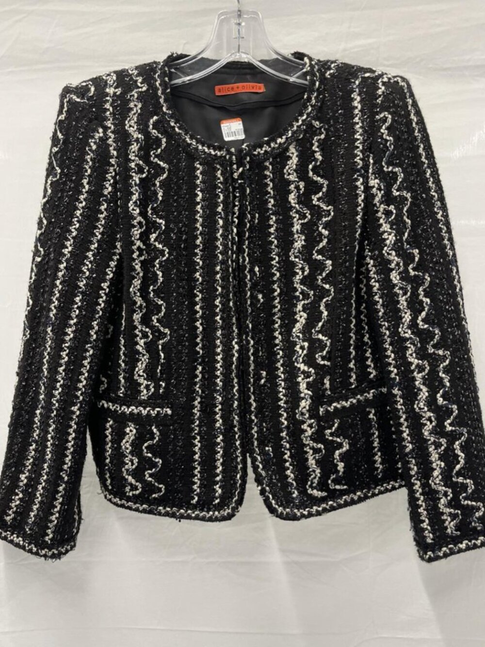 Alice + Olivia Kidman Open Front Tweed Box Jacket Black White Size S